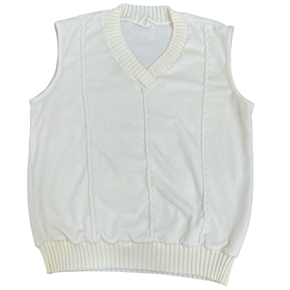 Vintage Sears Mens Cream V Neck Terry Cable Knit Sweater Vest L 70's Retro Disco